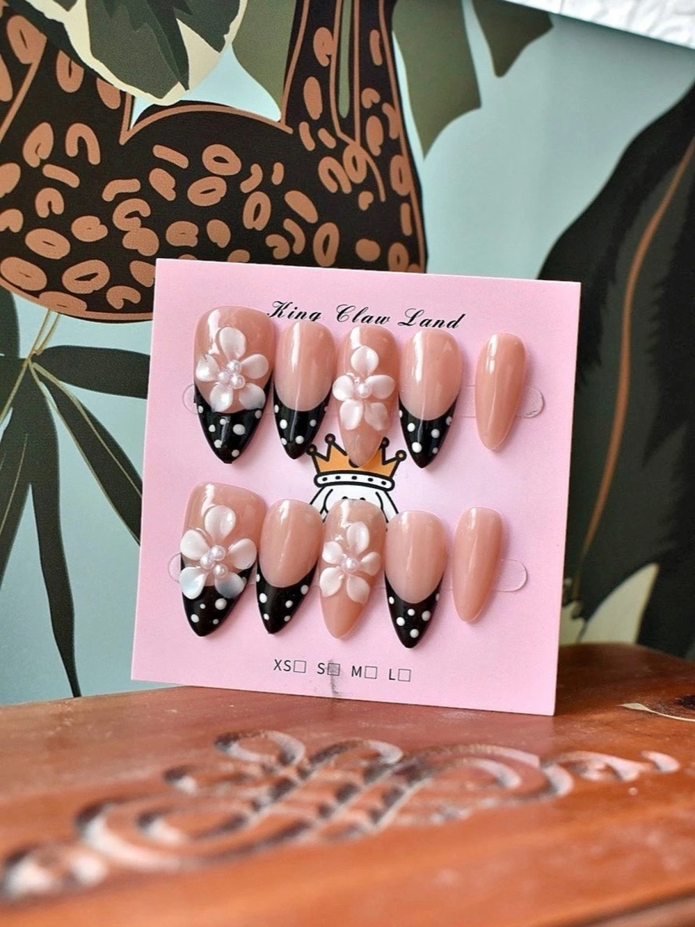 Retro Polka Dot Floral French Tip Press-On Nails 3D Flower Design size small 2.5